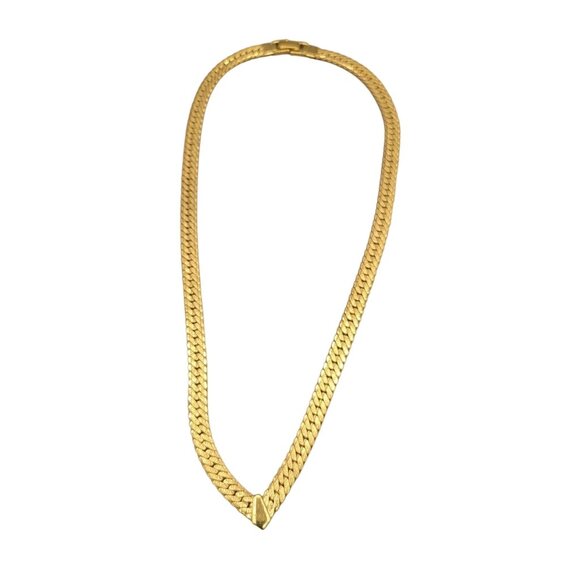 Herringbone Necklace Gold Tone Stationary Tie-Shaped Pendant Vintage Fold Clasp - Picture 1 of 6